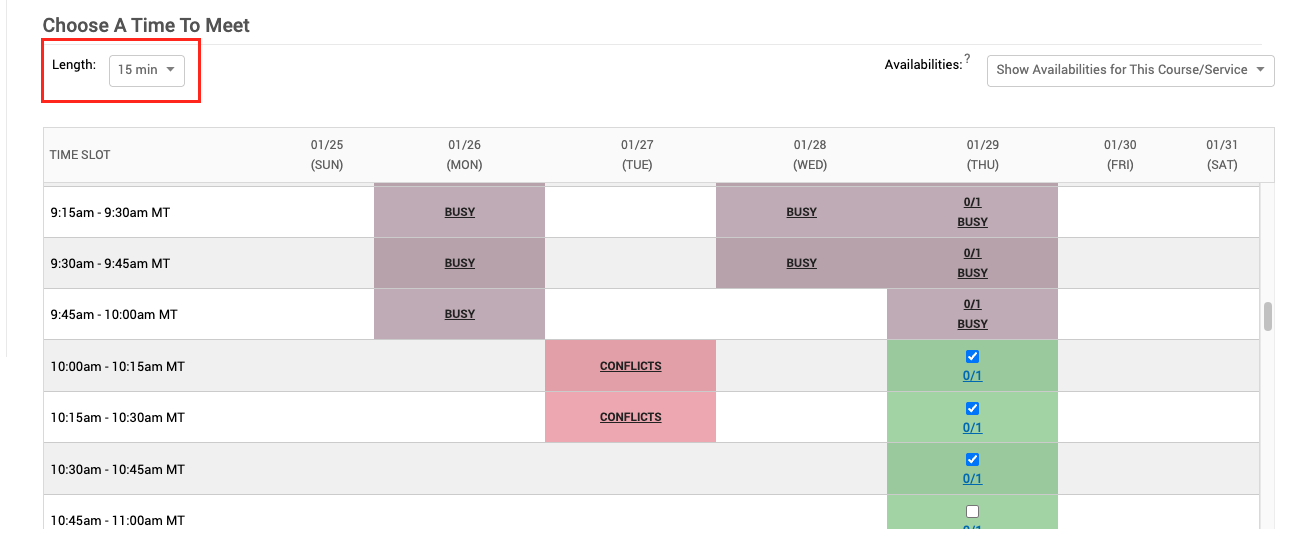 red box around length of time with three time slots checked
