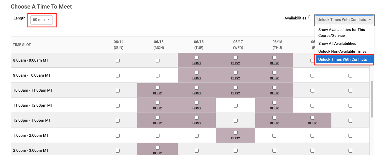 red box around time length and unlock times with conflicts