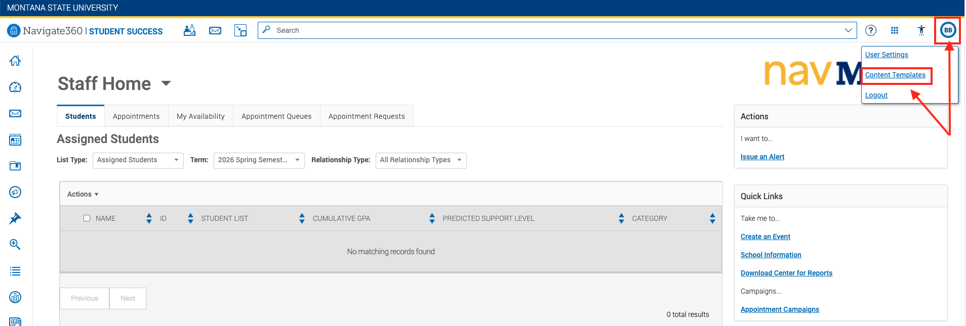 red box and arrow around user settings and content templates