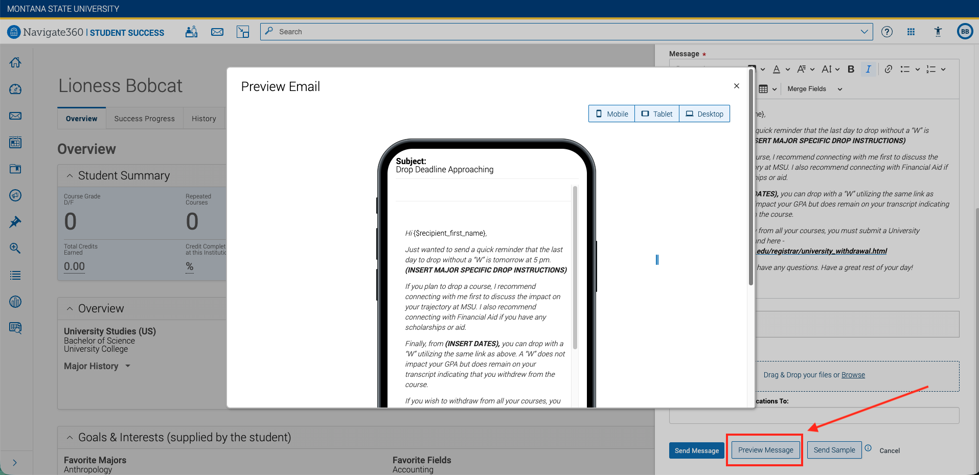 preview email and red box and arrow around preview message