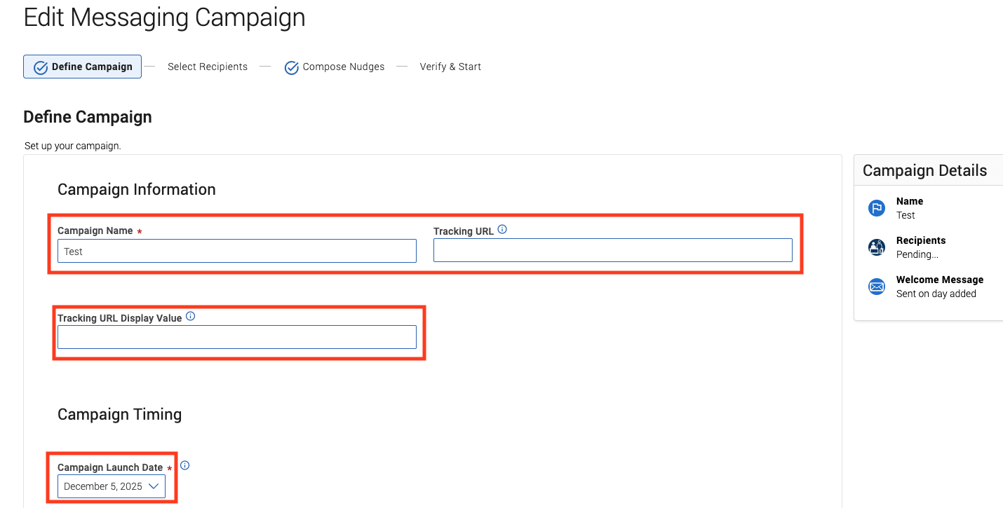 red box arround campaign name, url, and launch date