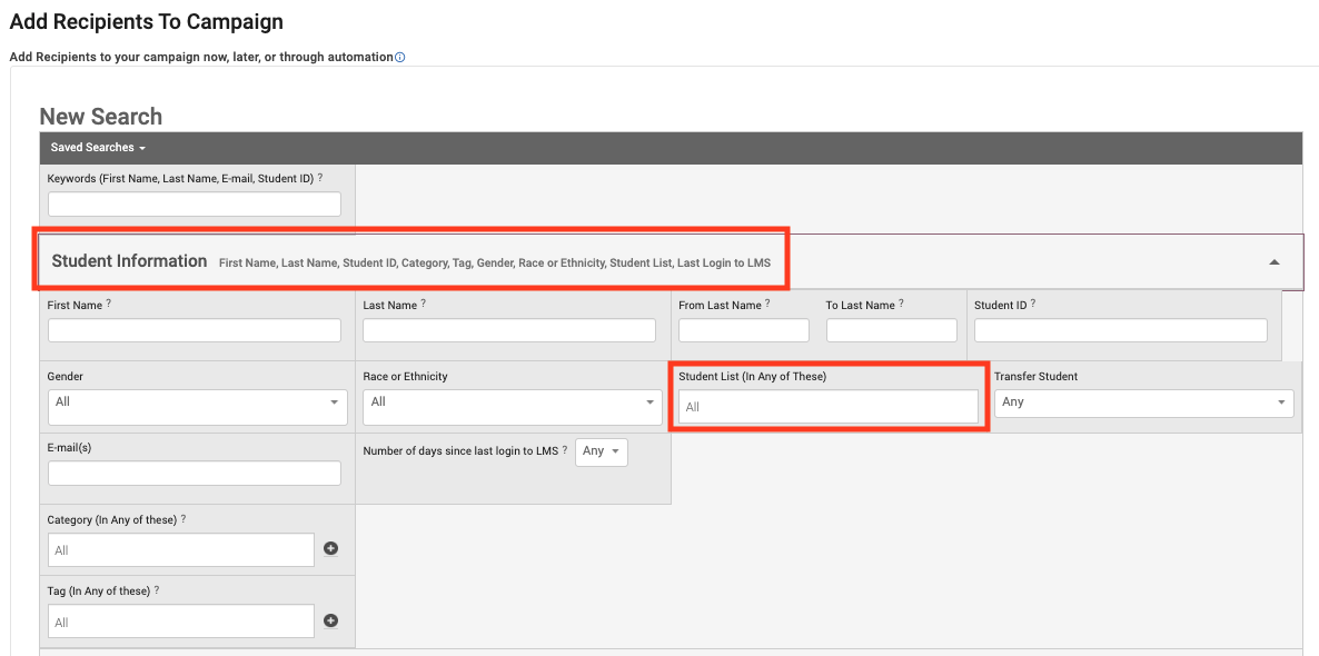 red box around student information and student list