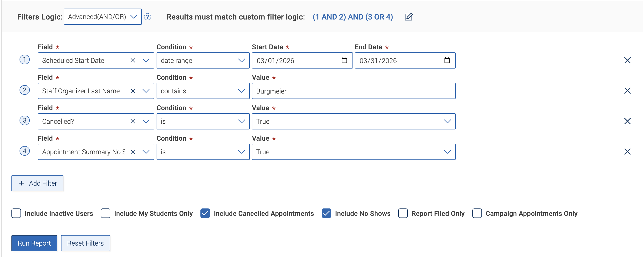 appointment no show and cancelation fields