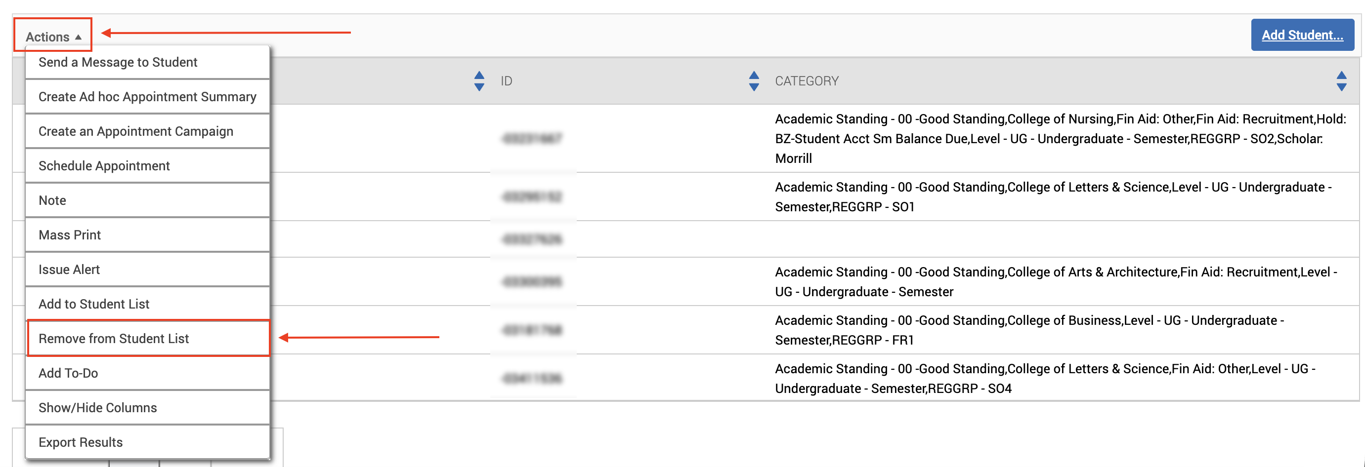 red box with arrow around actions and remove from student list