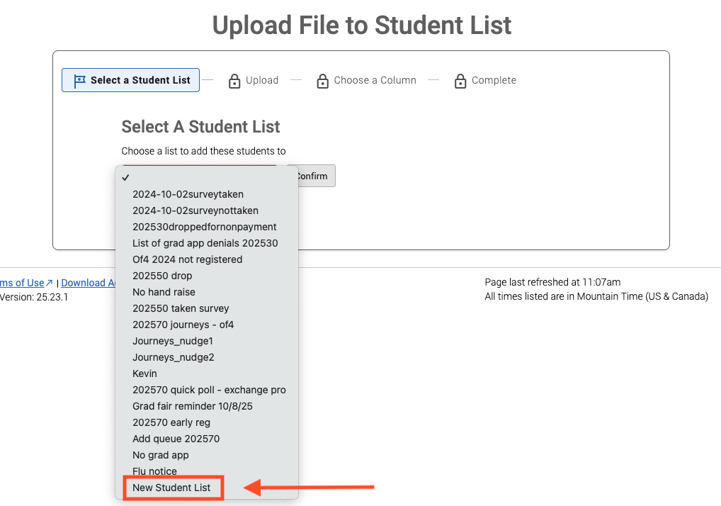 red box with arrow around upload student list