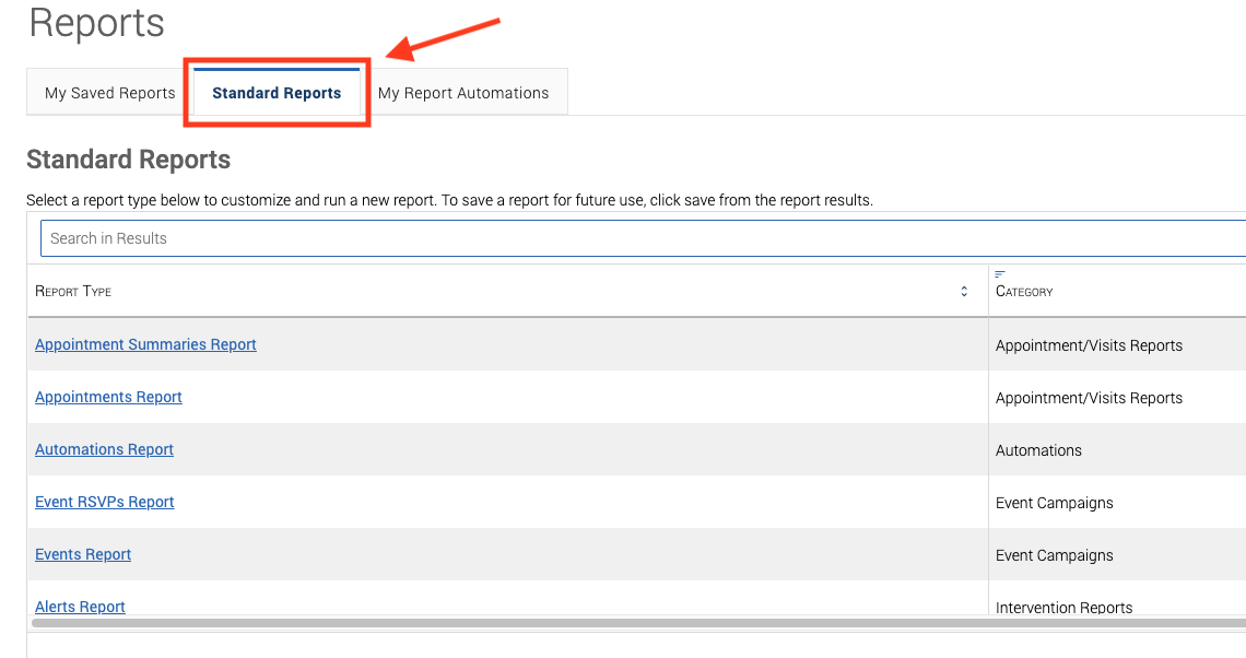 red box with arrow around standard report tab