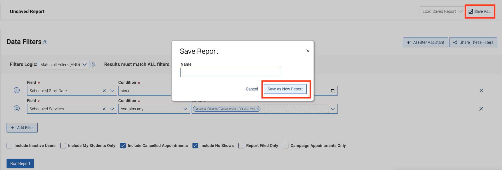 red box around save as and save as new report