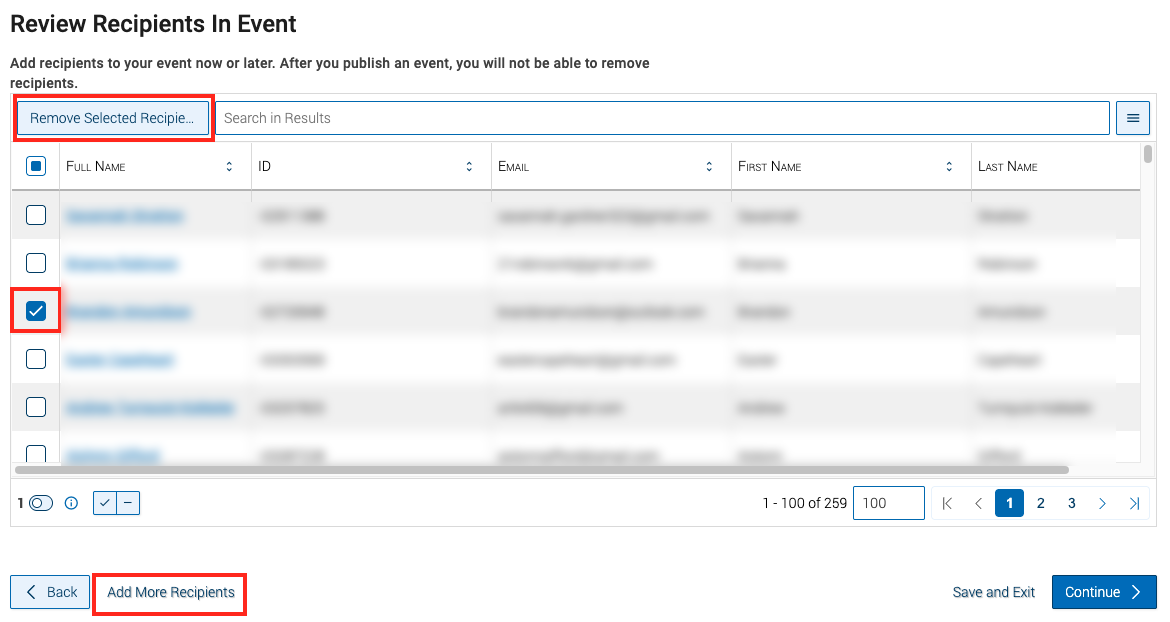 red box around blue checkbox, remove recipients, add recipients