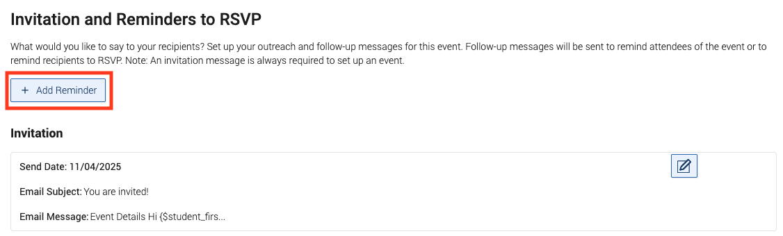 invitation and reminder to rsvp window with red box around add reminder