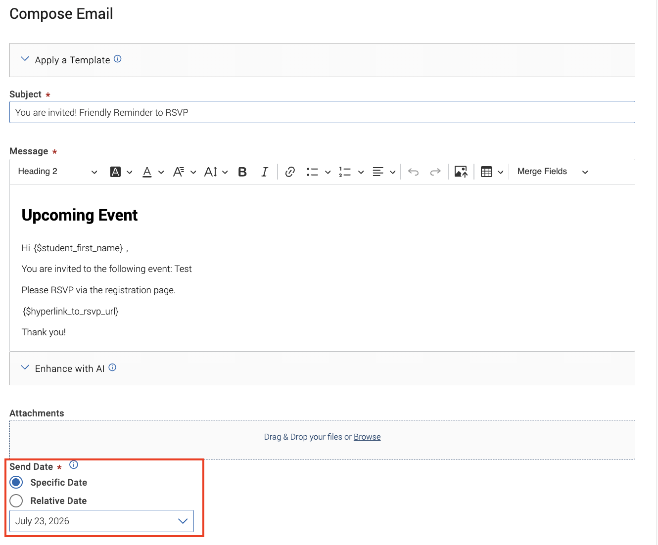 compose email box with red box around date