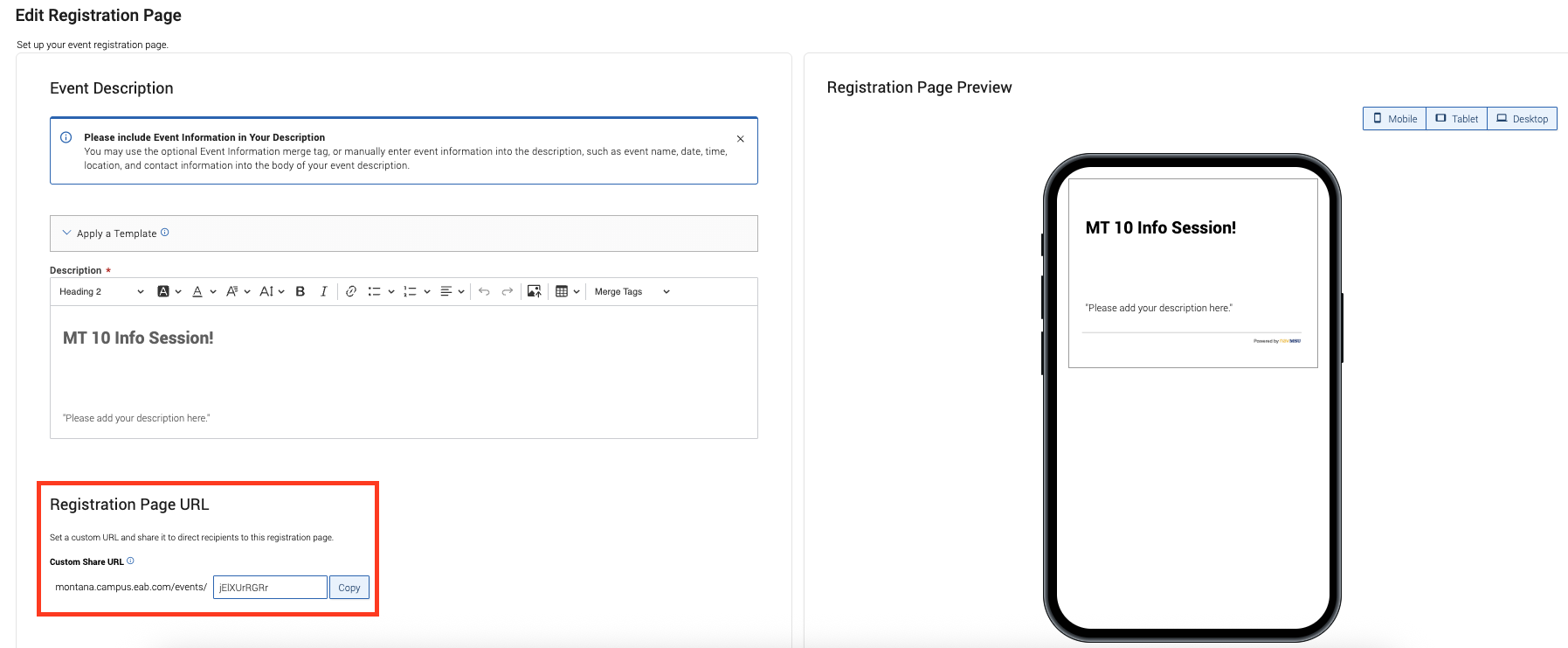 red box around registration page url