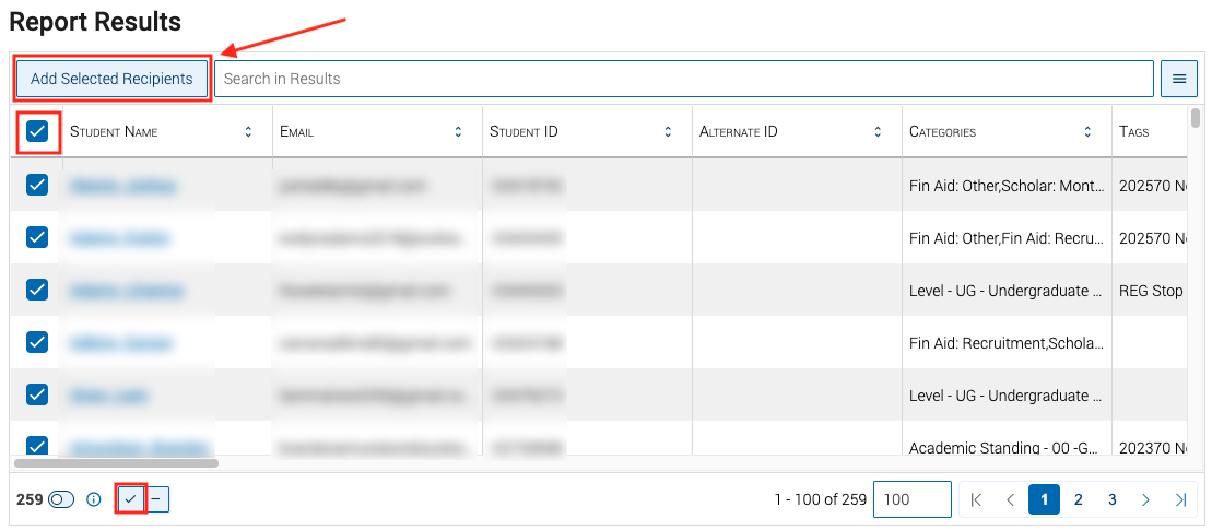 red box with arrow to add recipients and red box around blue checkbox and blue checkbox at bottom