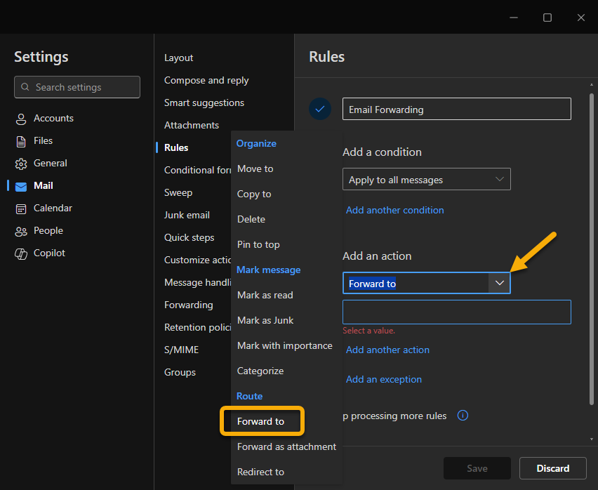 Rules window action drop-down menue with "forward to" selected.