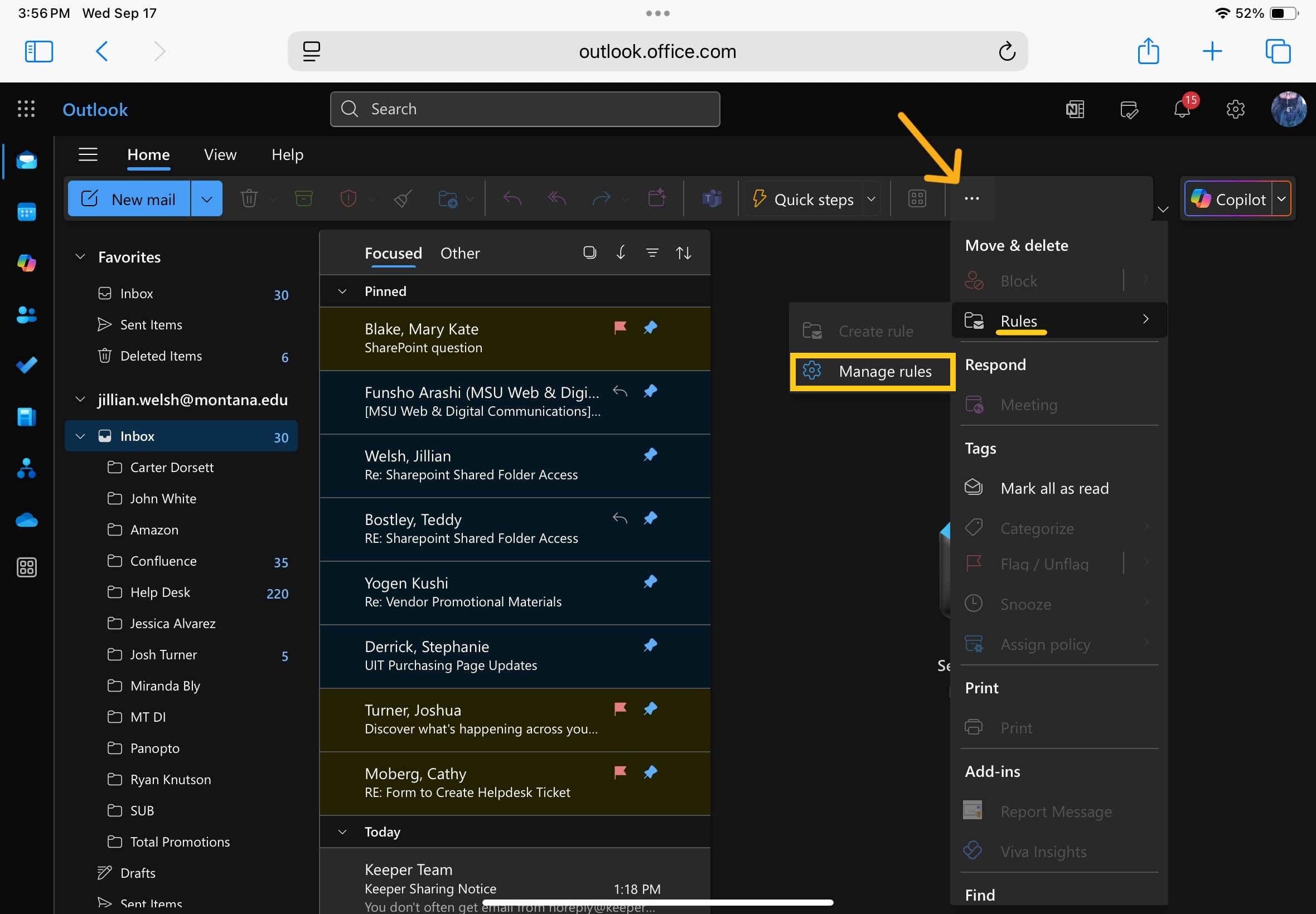 The three dots at the upper right hand corner of the window, selected and hovered over until "manage rules" has been highlighted with a yellow box.