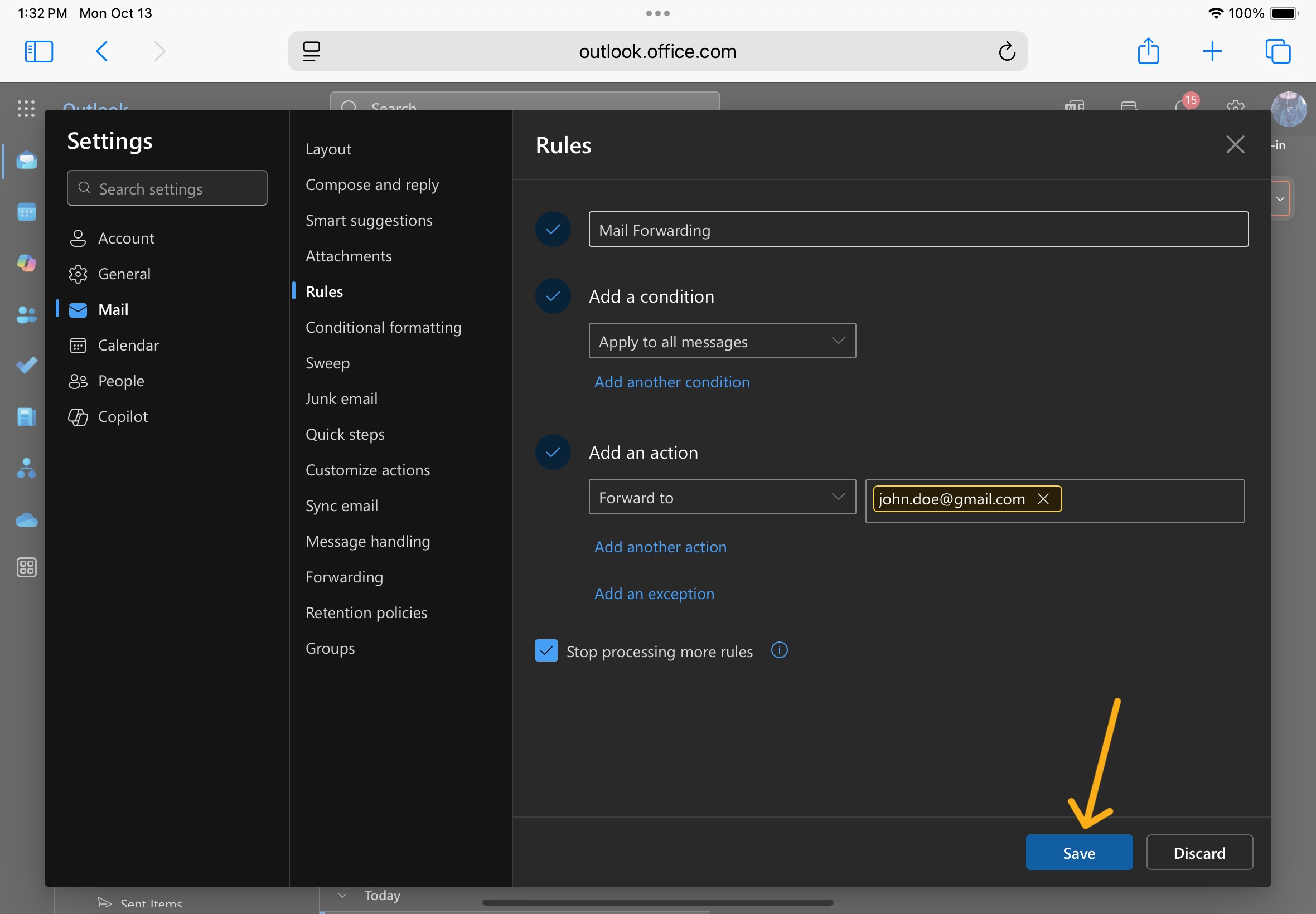 A fully filled out new rule form with a yellow arrow pointing down to the "save" button.