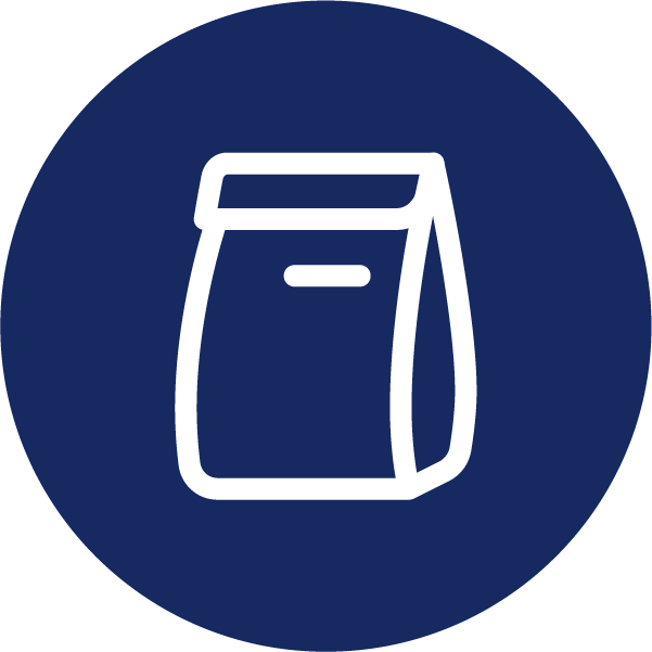 White icon of a brown paper bag in a blue circle