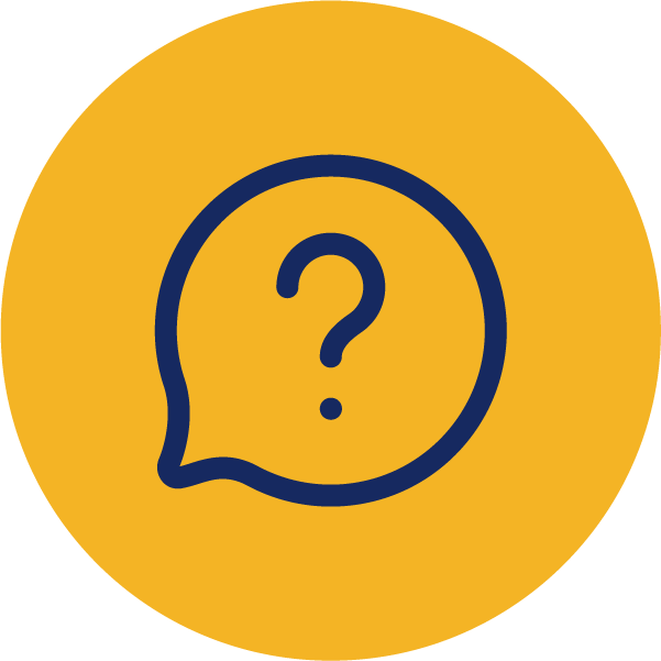 Blue icon of a question mark in a speech bubble on a yellow circle