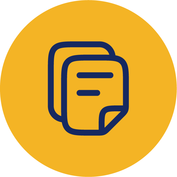 Blue icon of a stack of papers in a yellow circle