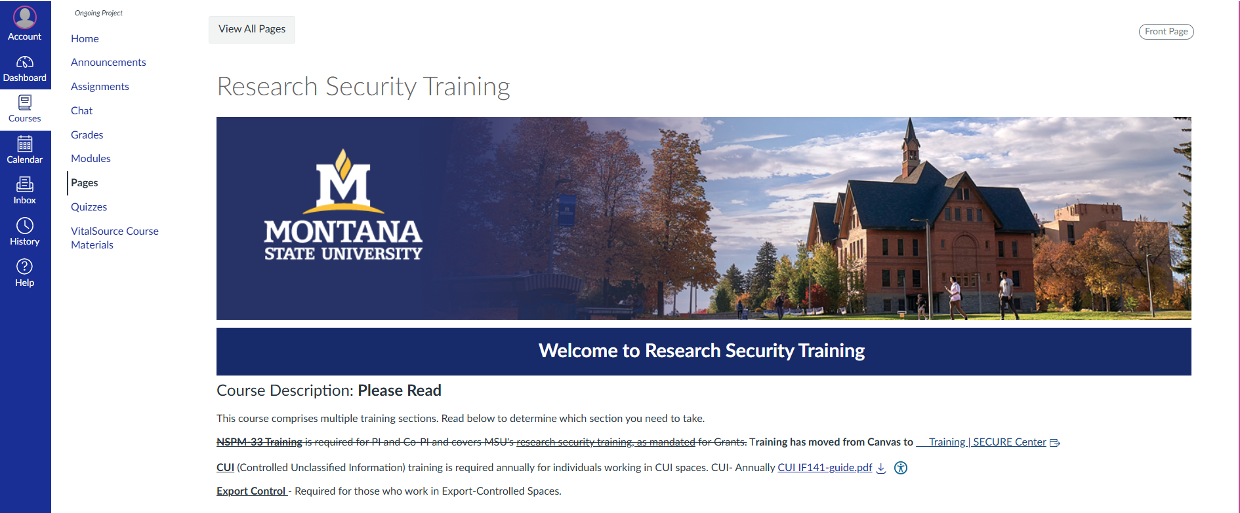 screen shot of research security canvas page