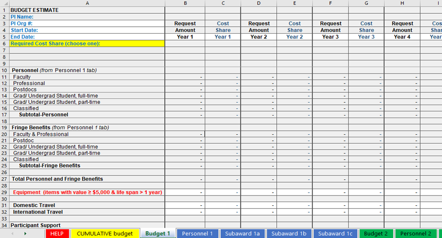 A screenshot of an Excel spreadsheet shows a separate tab for each PI or Co-PI's budget