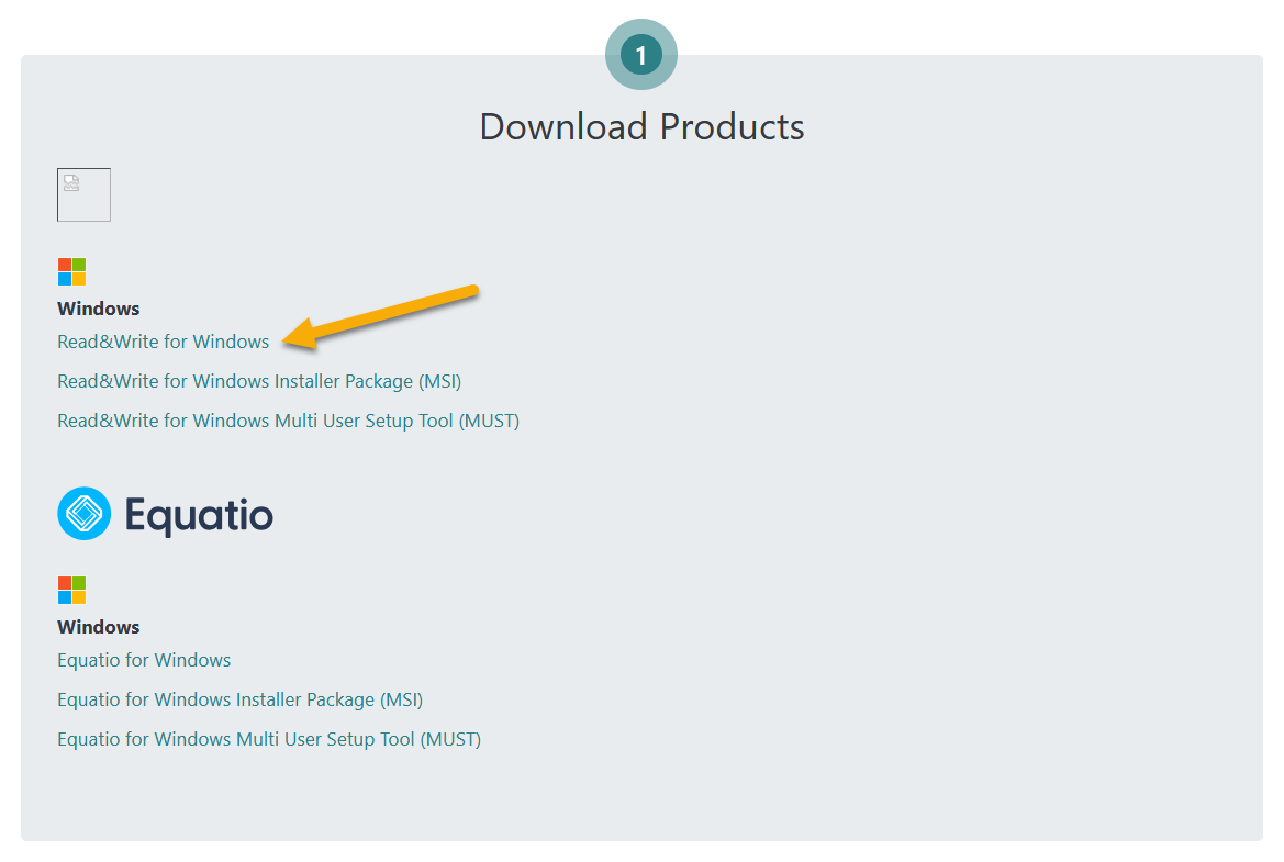 A grey background with Windows product options including only Windows, Windows Installer Package (MSI), or Windows Multi User Setup Tool (MUST). The plain Windows option is being pointed at by a yellow arrow.
