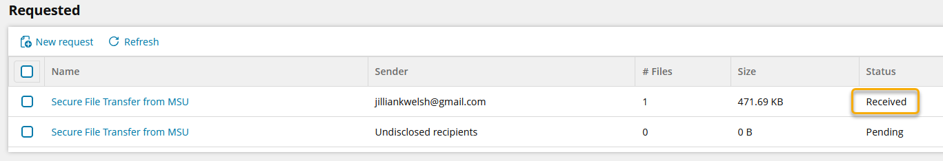 Screenshot of the secure file transfer portal's requested files list. The list contains two requests, each with a different title, provided when filling out the request form. There are check marks next to them. Each item provides information labled Name, Sender, # Files, Size,and Status. The first option has the Received status.