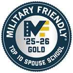 Image of a badge that reads "Miltary Friendly 25-26 Gold: Top 10 School."