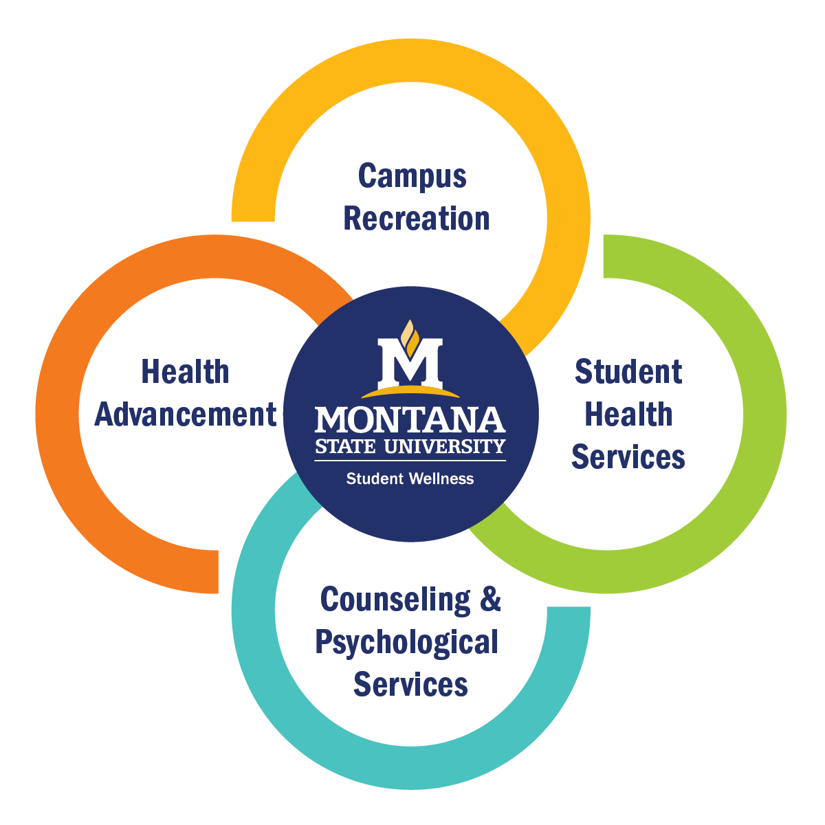 graphic showing that Campus Recreation, Counseling & Psychological Services, Health Advancement, and Student Health Services all make up Student Wellness